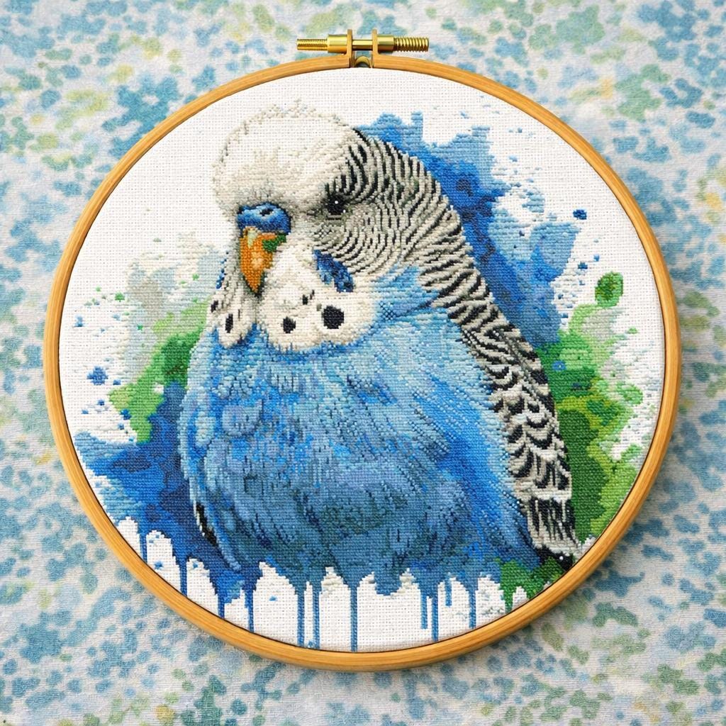 セキセイインコのクロスステッチパターン：水彩画風の鳥の刺繍（PDF