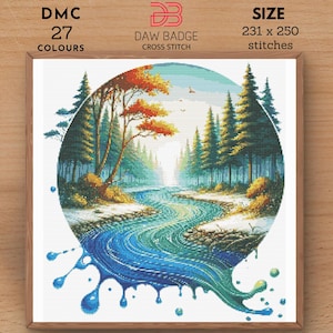 May include: A cross stitch pattern featuring a circular design of a blue river flowing through a forest with a red and yellow tree in the foreground. The pattern is framed in a brown wood frame and includes the text "DMC 27 COLOURS" and "SIZE 231 x 250 stitches".
