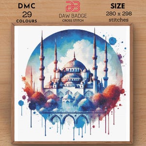 Blue Mosque Watercolor Cross Stitch Pattern (PDF/SVG)