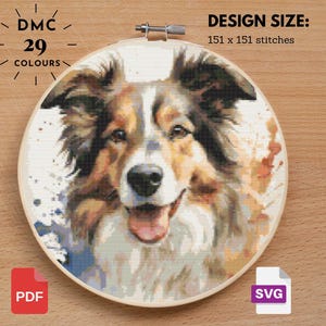 Może przedstawiać: Wzór na haft krzyżykowy przedstawiający brązowo-białego psa z efektem akwareli. Wzór wykorzystuje 29 kolorów DMC i ma 151 x 151 ściegów.