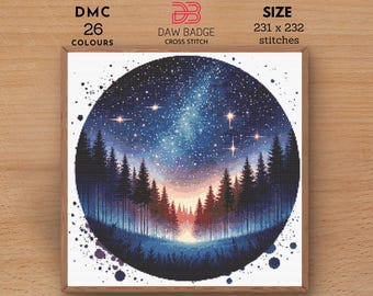 天の川のクロスステッチパターン、自然の刺繍、夜の森のニードル