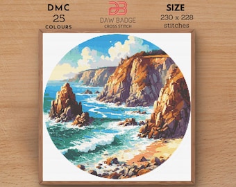 Cliffside Shore Cross Stitch Pattern: Watercolor Landscape (PDF)