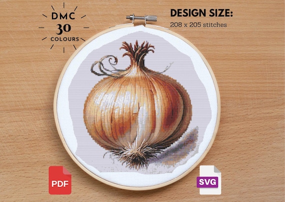 玉ねぎのクロスステッチパターン：ヴィンテージ風野菜刺繍（PDF