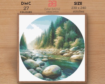 Forest Tree Lake Scenery Cross Stitch Pattern PDF, Rocky Riverbank Digital Landscape Nature Watercolor, Nature Landscape Embroidery