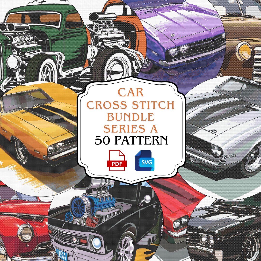 Modern Car Cross Stitch Pattern Bundle: Embroidery Design Set (PDF ...