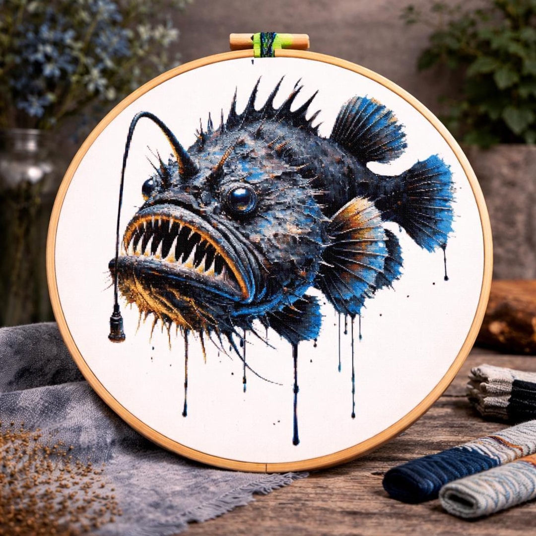 Anglerfish Cross Stitch Pattern: Watercolor Fish Embroidery (PDF) - Etsy