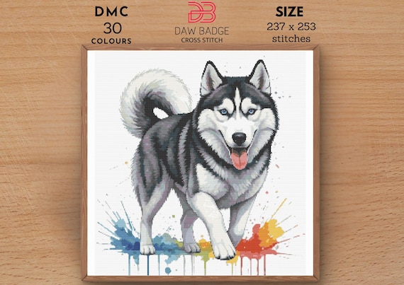 シベリアンハスキーのクロスステッチパターン：水彩画風犬の刺繍（PDF
