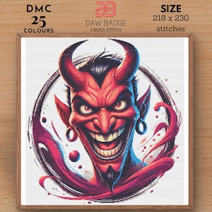 May include: Cross stitch pattern of a red devil with horns and a mischievous grin, set against a black and red background. The pattern is 218 stitches wide and 230 stitches tall and uses 25 colors.