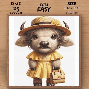 Cute Buffalo Animals Modern Counted Easy Cross Stitch Pattern, Animal Embroidery Cross Stitch Chart Stitching Template