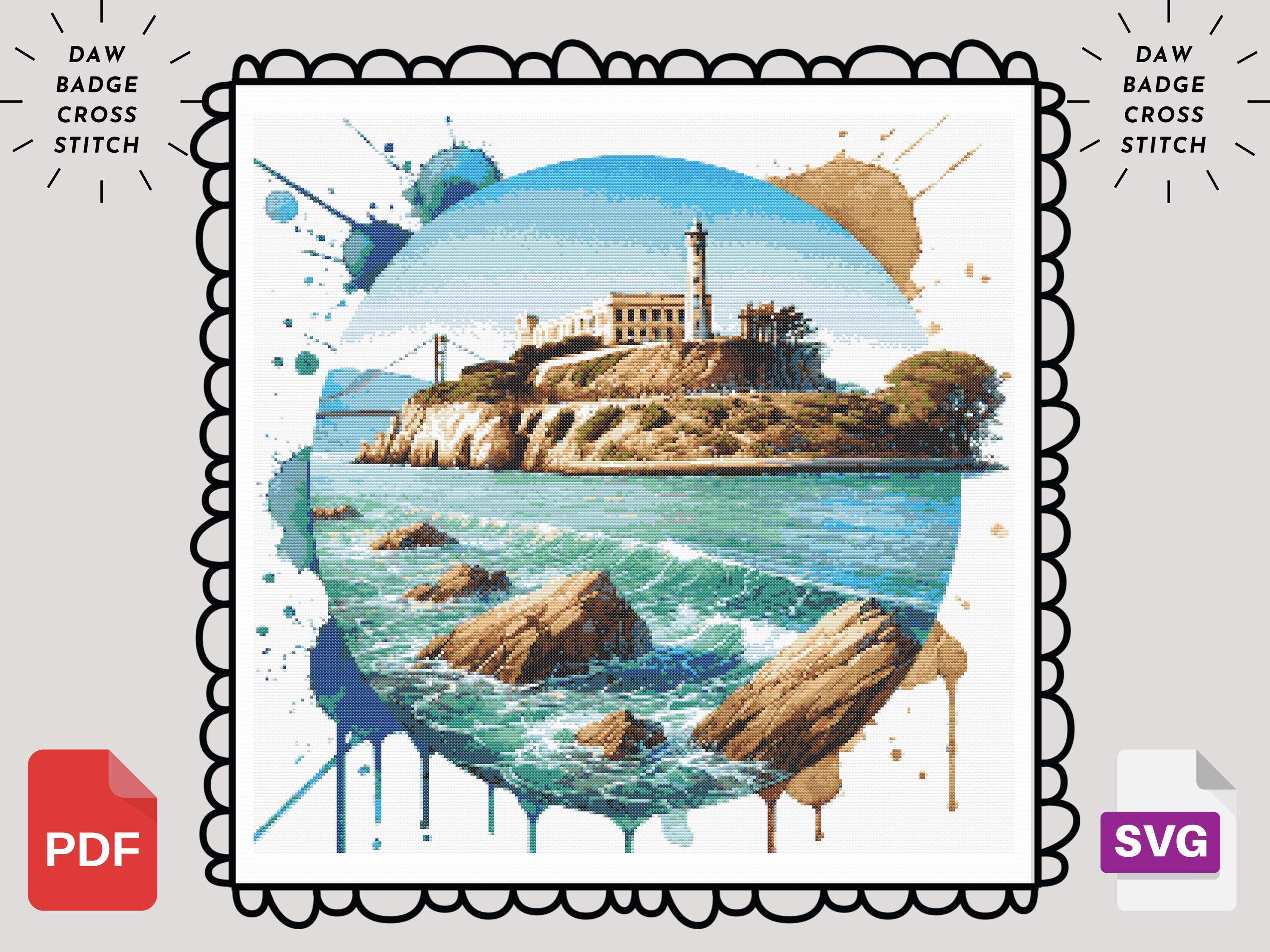 Alcatraz Island Cross Stitch Pattern: Watercolor Landmark Embroidery ...