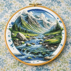 Mountain Stream Cross Stitch Pattern: Landscape Embroidery (PDF)