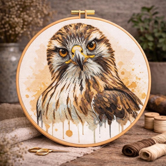 タカのクロスステッチ図案：水彩画風の鳥の刺繍（PDF） - Etsy 日本