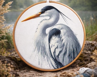 Heron Watercolor Cross Stitch Pattern: Bird Embroidery Design (PDF)