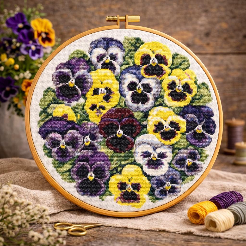 パンジーの花柄クロスステッチパターン：ヴィンテージフラワーガーデン