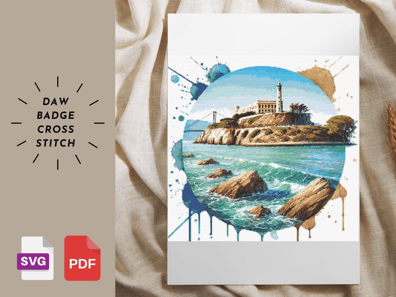 Alcatraz Island Cross Stitch Pattern: Watercolor Landmark Embroidery ...