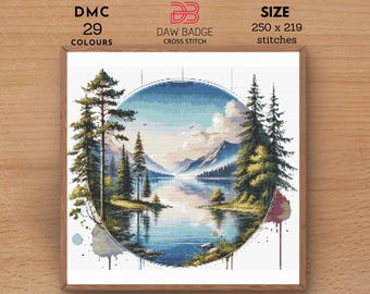 Nature Watercolor Lake Water Tree Cross Stitch Pattern PDF, Lake in the Mountains Digital Landscape, Nature Landscape Mountain Embroidery