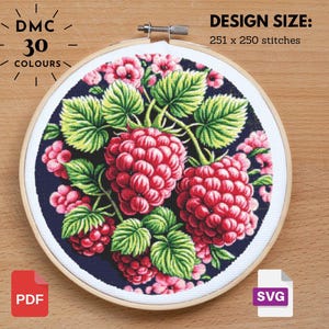 May include: Cross-stitch design featuring a detailed raspberry illustration. The design includes red raspberries, green leaves, and pink flowers on a dark blue background, set within a wooden embroidery hoop. The text indicates 30 colors and a design size of 251 x 250 stitches.