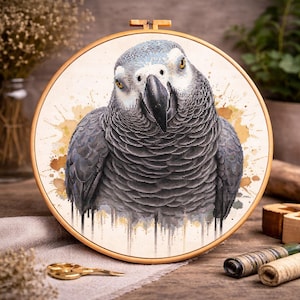 African Grey Parrot Cross Stitch Pattern: Watercolor Bird Embroidery (PDF)