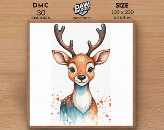 Watercolor Reindeer Cross Stitch Pattern: Animal Embroidery Chart (PDF)