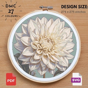 White Dahlia Cross Stitch Dahlia Pattern, Flower Pattern, Floral Cross Stitch, Garden Nature Cross Stitch, Floral xstitch, Diy Cross Stitch