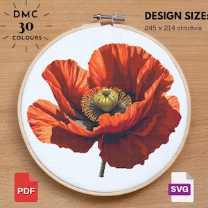 Red Poppy Cross Stitch Poppy Pattern, Flower Pattern, Floral Cross Stitch, Garden Nature Cross Stitch, Floral xstitch, Diy Cross Stitch