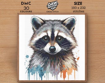 Padrão de ponto cruz em aquarela de guaxinim: bordado de animal para presente faça você mesmo (PDF)