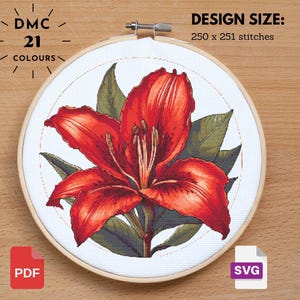 Red Lily Cross Stitch  Lily Pattern, Flower Pattern, Floral Cross Stitch, Garden Nature Cross Stitch, Flower xstitch, Diy Cross Stitch, PDF