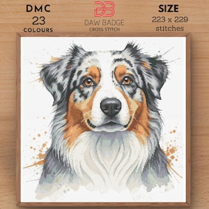 Australischer Schäferhund Kreuzstich Aquarell Muster PDF, großes Kreuzstich-Designprojekt, Hundestickerei PDF
