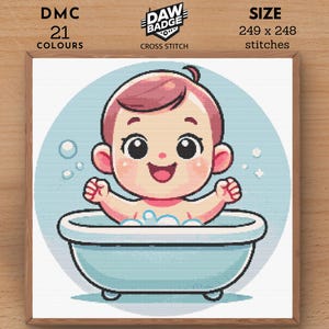Puede incluir: Un patrón de punto de cruz de un bebé en una bañera con burbujas. El patrón tiene 249 puntos de ancho y 248 puntos de alto y utiliza 21 colores.