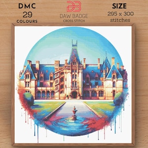 May include: A cross stitch pattern of a large, white mansion with a fountain in front. The mansion is surrounded by a green lawn and a blue sky. The pattern is in a round frame with a watercolor effect. The pattern is for 295 x 300 stitches and uses 29 DMC colors.