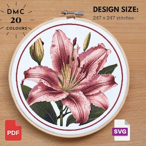 Pink Lily Cross Stitch  Lily Pattern, Flower Pattern, Floral Cross Stitch, Garden Nature Cross Stitch, Flower xstitch, Diy Cross Stitch PDF