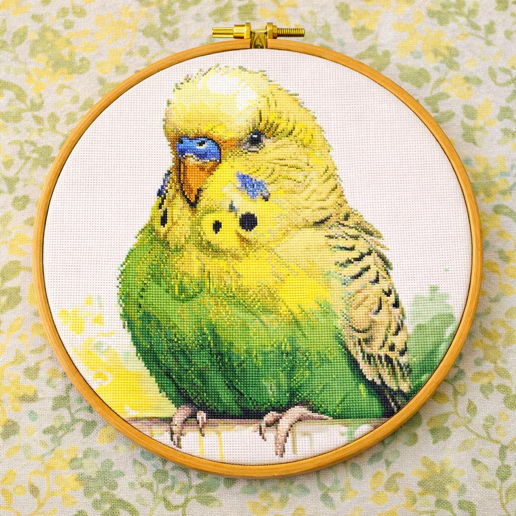 セキセイインコのクロスステッチパターン：水彩画風の鳥の刺繍（PDF