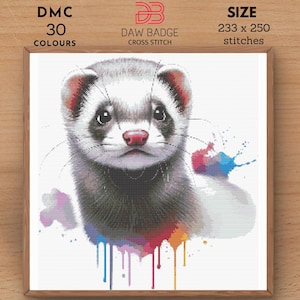 Ferret Watercolor Cross Stitch Pattern: Animal Embroidery Project (PDF Download)