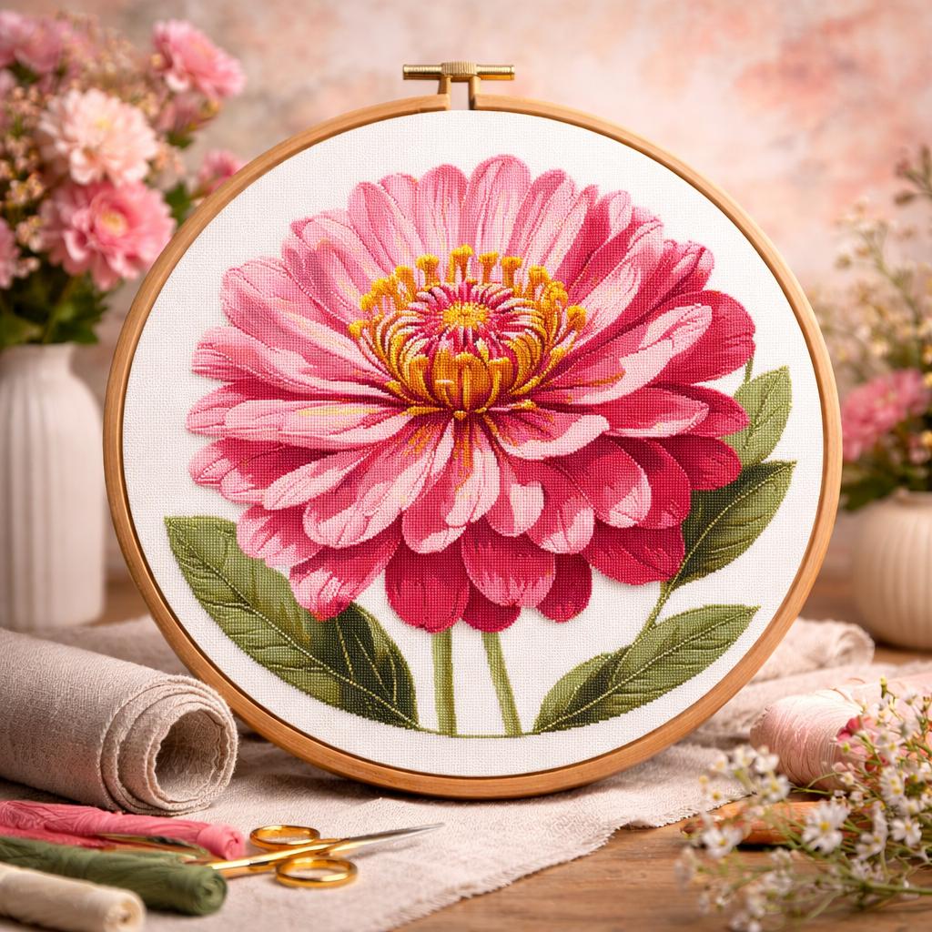 Pink Zinnia Flower Cross Stitch Pattern: Floral Garden Design (PDF