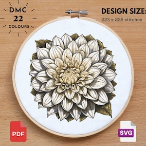 White Dahlia Cross Stitch Dahlia Pattern, Flower Pattern, Floral Cross Stitch, Garden Nature Cross Stitch, Floral xstitch, Diy Cross Stitch