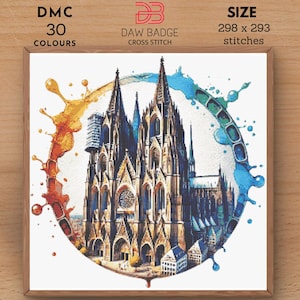 May include: A cross stitch pattern of Cologne Cathedral in Germany, surrounded by colorful paint splatters. The pattern is 298 stitches wide and 293 stitches tall and uses 30 DMC colors.