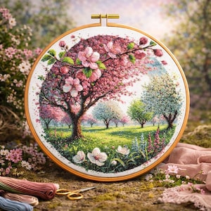 Blühender Obstgarten Kreuzstichmuster: Frühlingsblumenlandschaft (PDF)