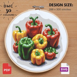 May include: A cross-stitch pattern featuring a colorful arrangement of red, yellow, and green bell peppers. The pattern is designed for 288 x 300 stitches and uses 30 colors.