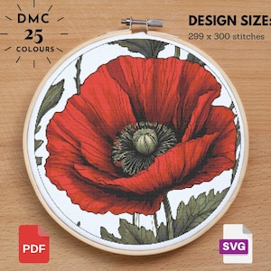 Red Poppy Cross Stitch Poppy Pattern, Flower Pattern, Floral Cross Stitch, Garden Nature Cross Stitch, Floral xstitch, Diy Cross Stitch