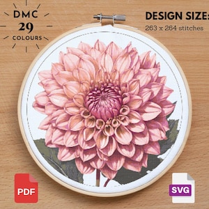 Pink Dahlia Cross Stitch Dahlia Pattern, Flower Pattern, Floral Cross Stitch, Garden Nature Cross Stitch, Floral xstitch, Diy Cross Stitch