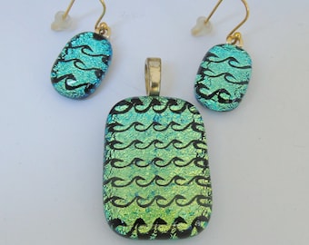 Lime Green Waves Pendant Earrings Set Dichroic Fused Glass