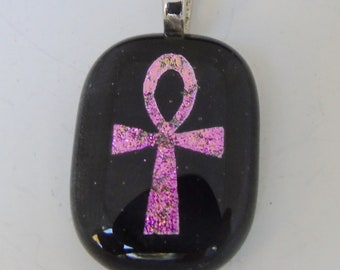 Pink Ankh Symbol Pendant Dichroic fused glass