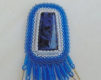 Fringed Brooch Pin Blue Seed Beads Sodalite Stone Bugle Beads