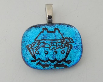 Blue Noah's Ark Pendant Dichroic Fused Glass