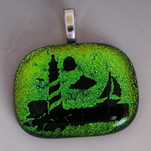 Dichroic Lime Green Lighthouse Scene w/ sailboat Pendant Fused Glass