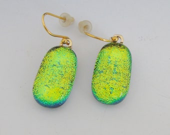 Lime Green Earrings Dichroic fused glass