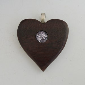 Walnut Wood Heart Pendant w/ Pale Pink Dichroic Glass Cabochon image 1