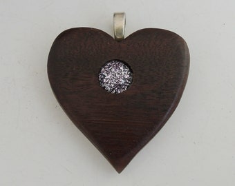 Walnut Wood Heart Pendant w/ Pale Pink Dichroic Glass Cabochon