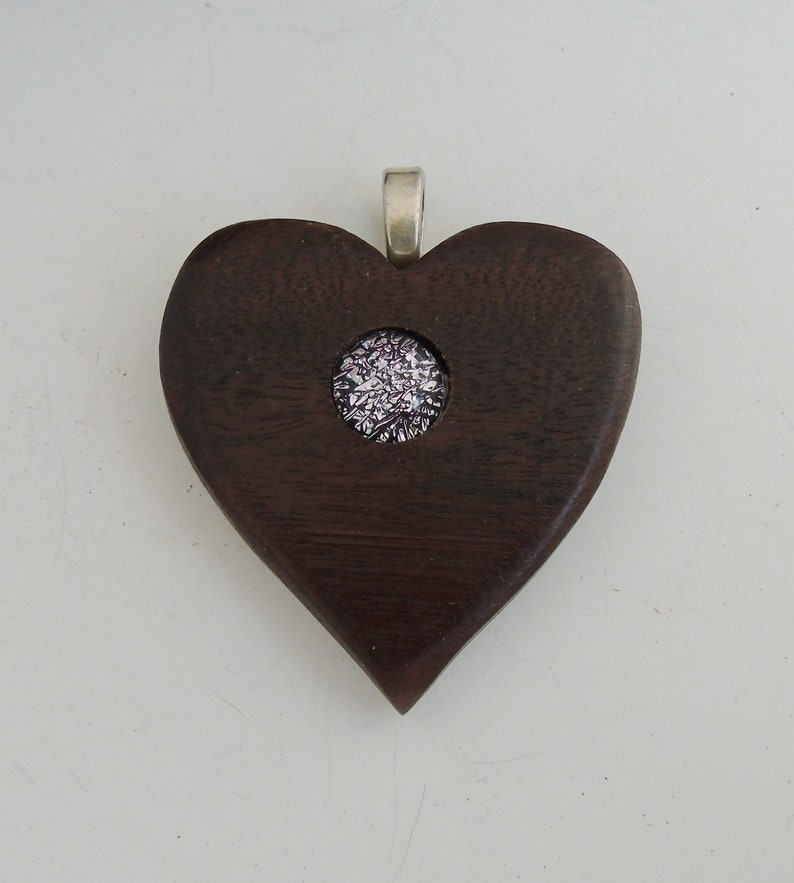 Walnut Wood Heart Pendant w/ Pale Pink Dichroic Glass Cabochon image 1