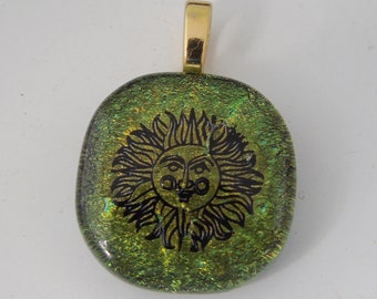 Greenish Gold Sun Pendant Dichroic Fused Glass